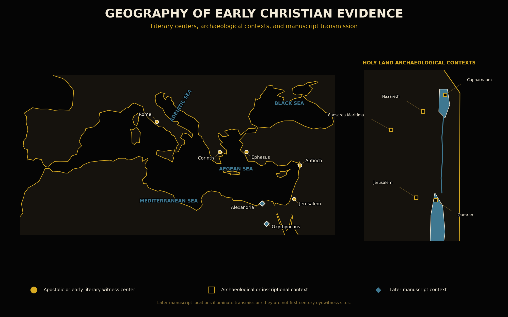 Black-and-gold map showing selected literary, archaeological, inscriptional, and later manuscript locations relevant to Jesus and early Christianity.