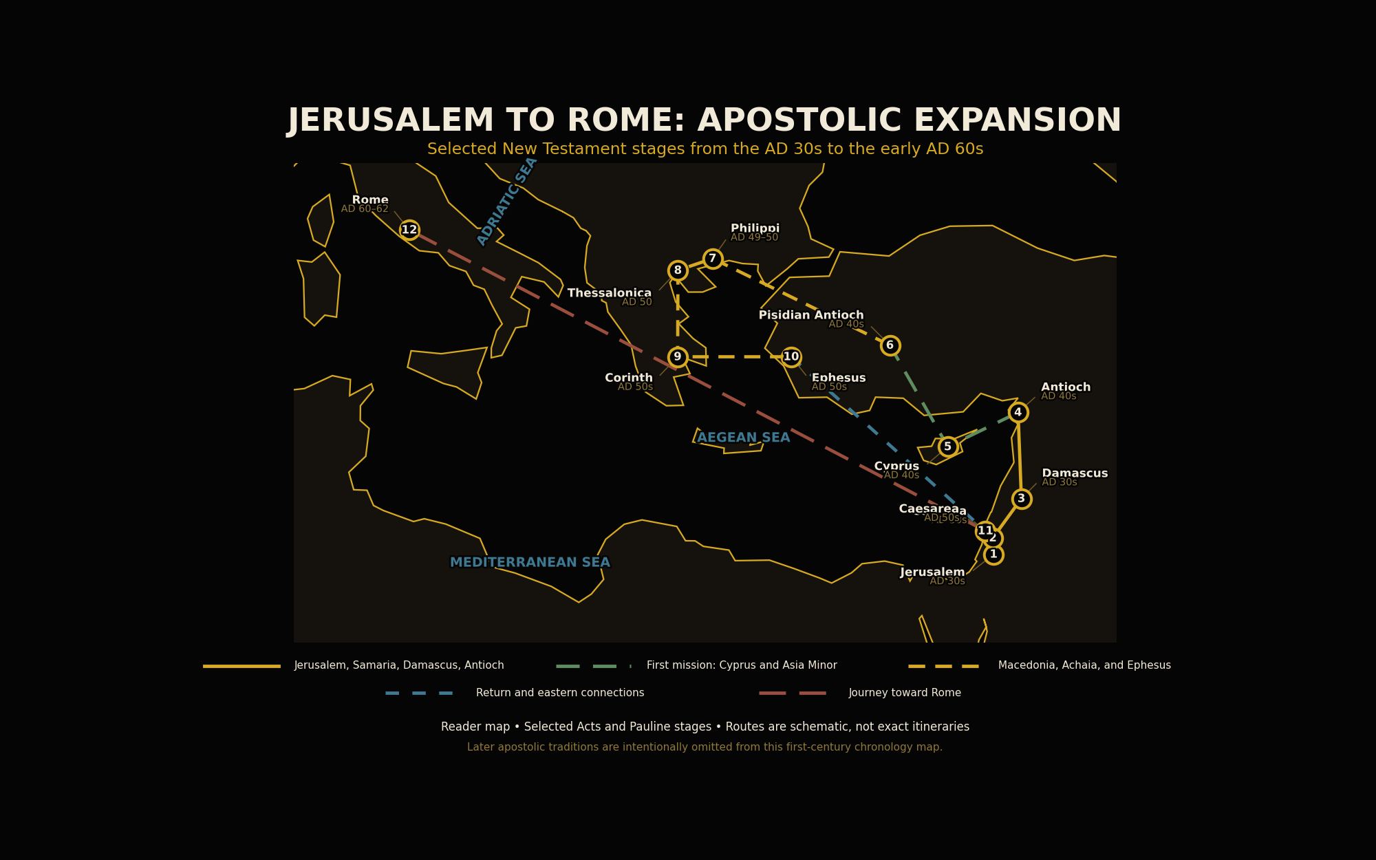 Black-and-gold chronological map of apostolic expansion from Jerusalem through Samaria, Damascus, Antioch, Cyprus, Asia Minor, Macedonia, Achaia, Ephesus, Caesarea, and Rome.