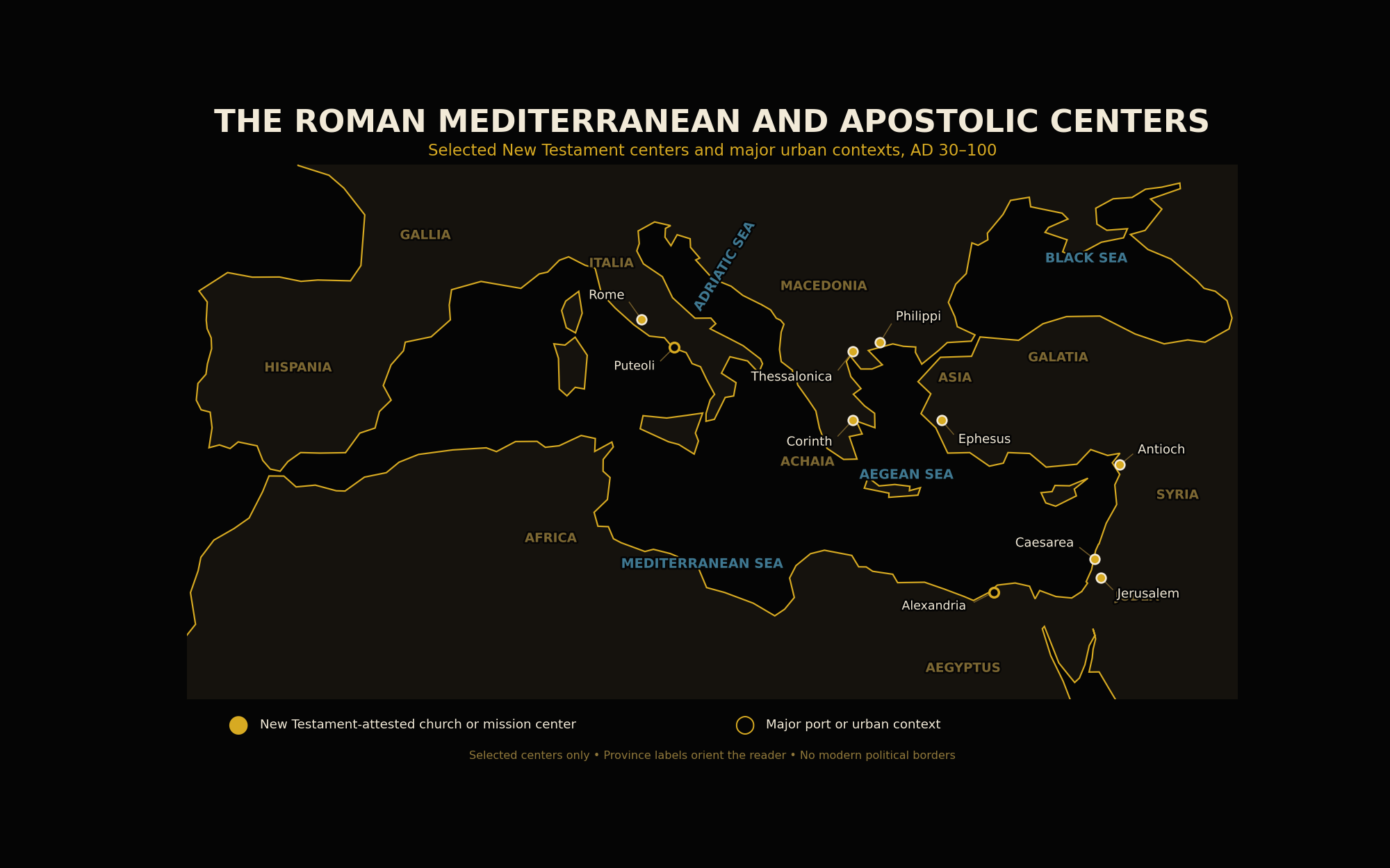 Black-and-gold map of the Roman Mediterranean and selected apostolic centers from AD 30 to 100.