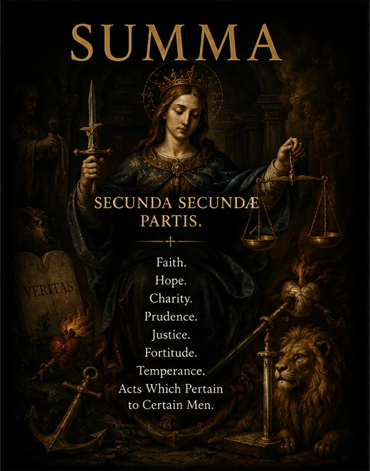Secunda Secundæ Partis: faith, hope, charity, prudence, justice, fortitude, and temperance
